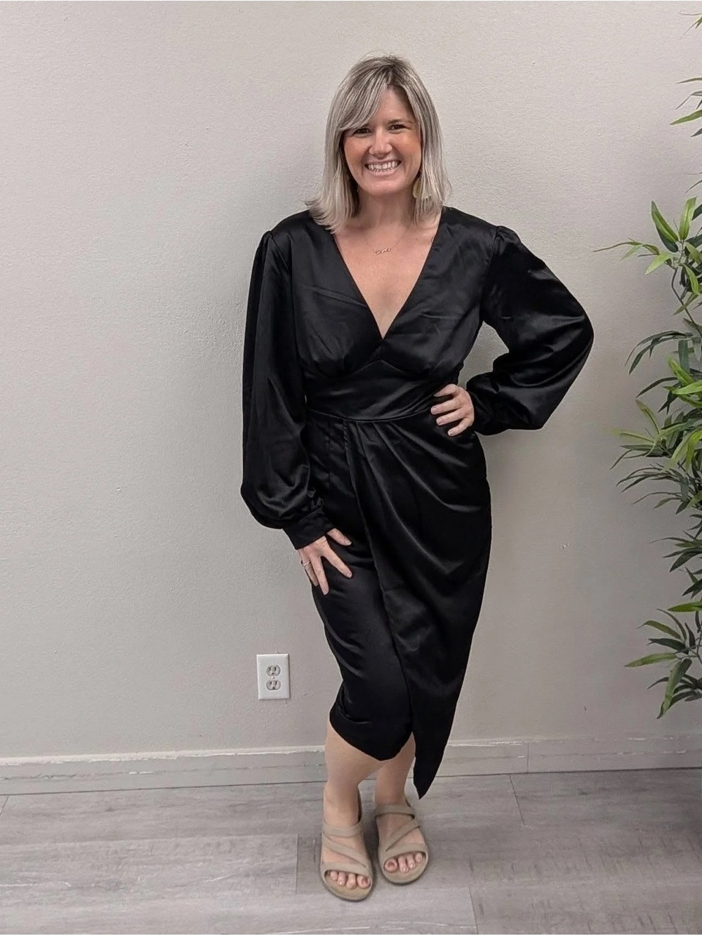 ModCloth X Collectif Black Satin Wrap-Style Midi Dress - Size 10